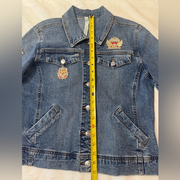 Debra DeRoo Blue Denim Jacket w/ Patches- size S w/ Stretch - Picture 13 of 14
